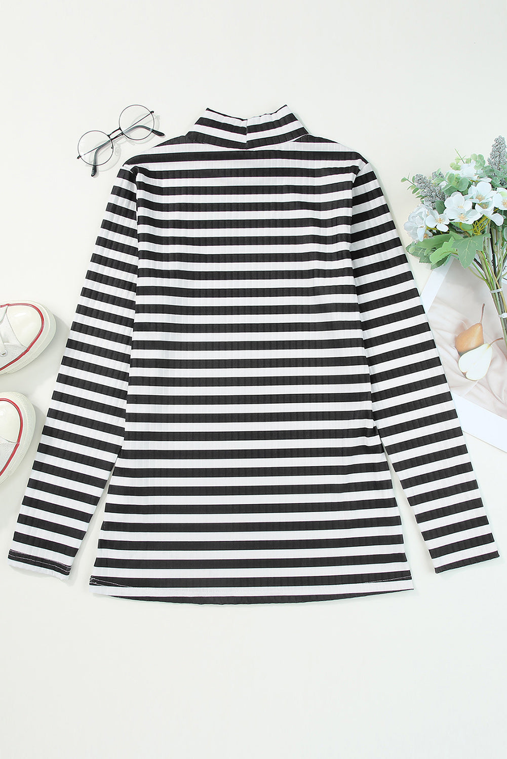 Striped Print Textured Knit Long Sleeve Tee