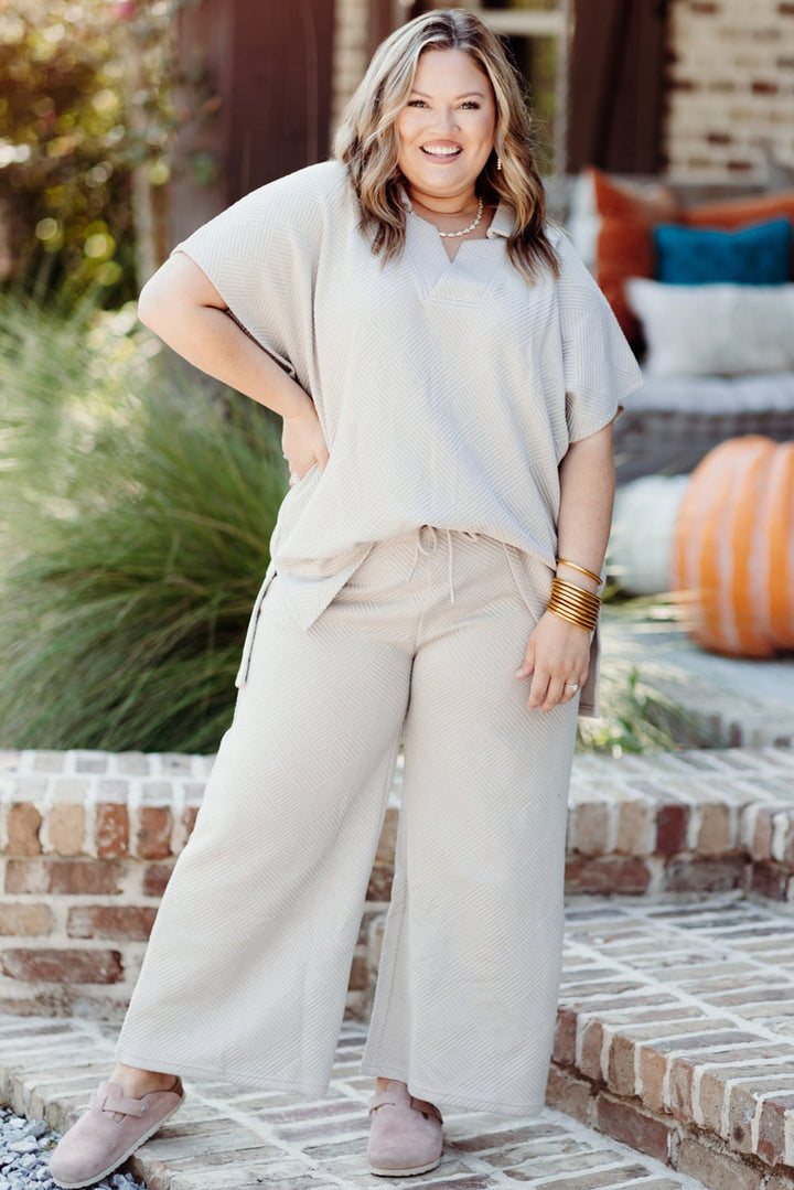 Plus Size Textured Collared Top and Pants Set