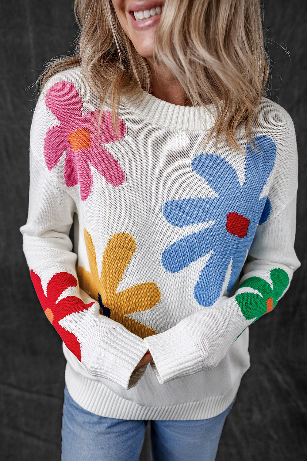 Colorful Big Flower Pattern Crewneck Sweater