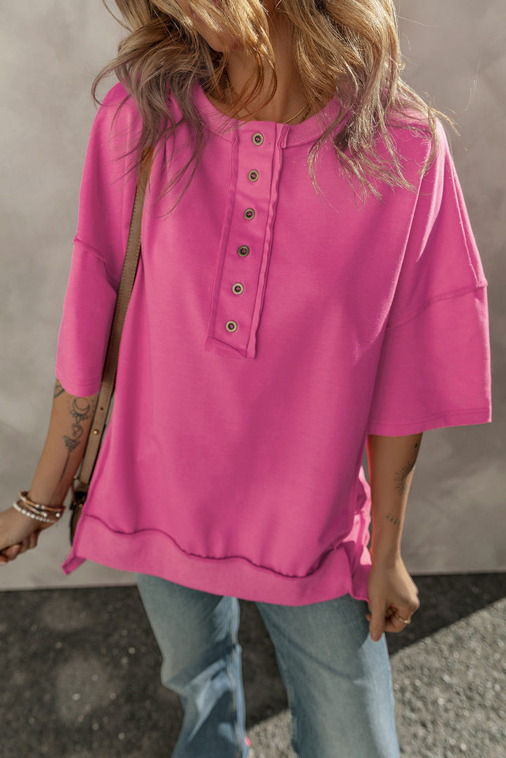 Exposed Seam Button Neck Wide Sleeve Tunic Top