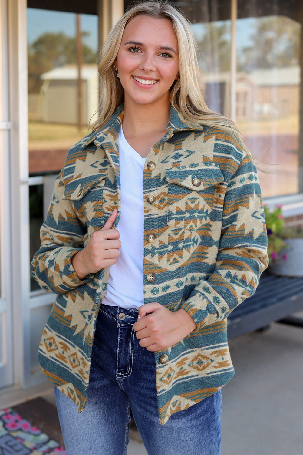 Western Aztec Print Button Flap Pocket Shacket