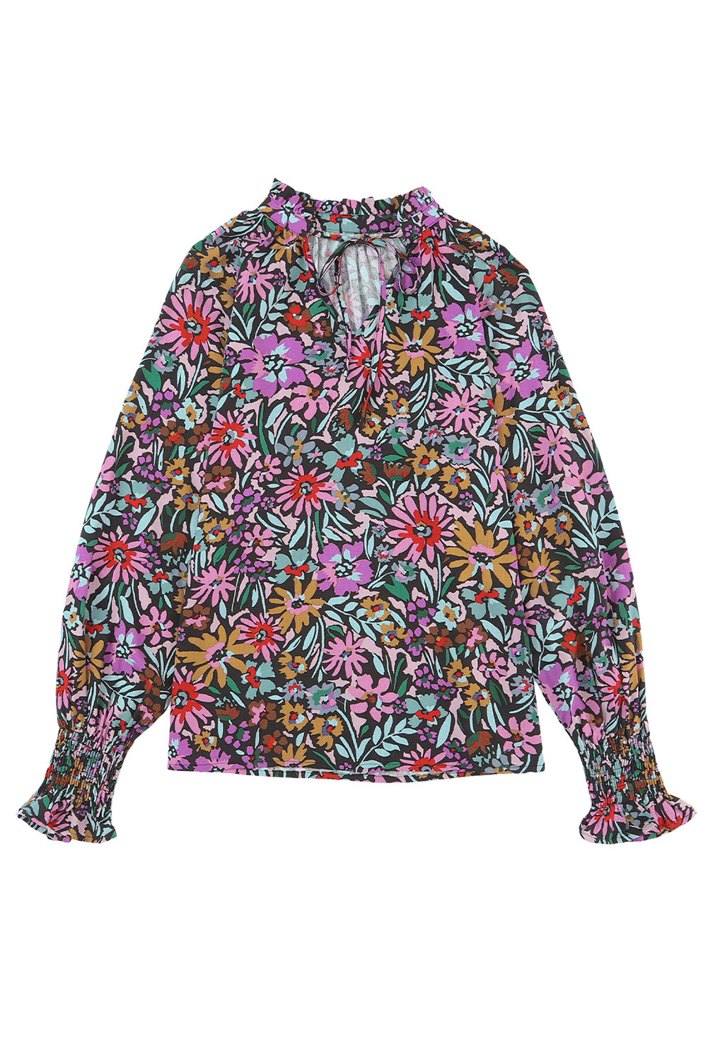 Floral Print Ruffled Long Sleeve V-Neck Blouse