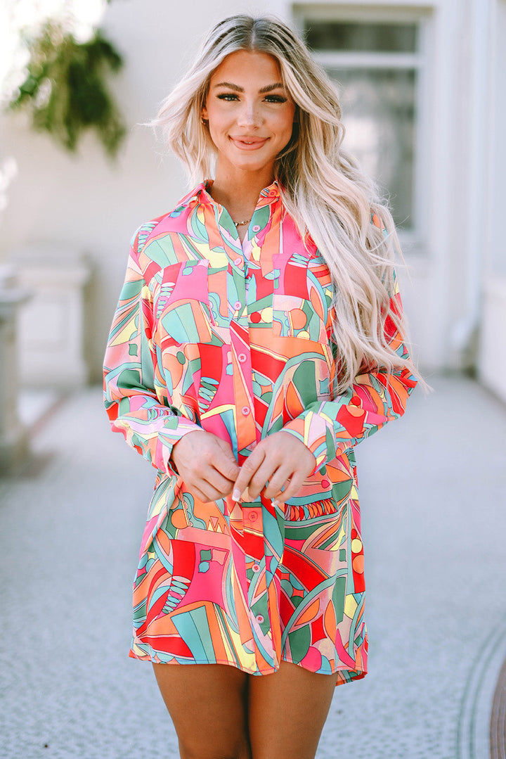 Geometric Abstract Print Long Sleeve Shirt Dress