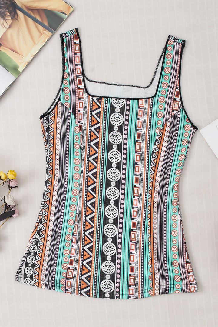 Western Geo Printed Square Neck Tank Top