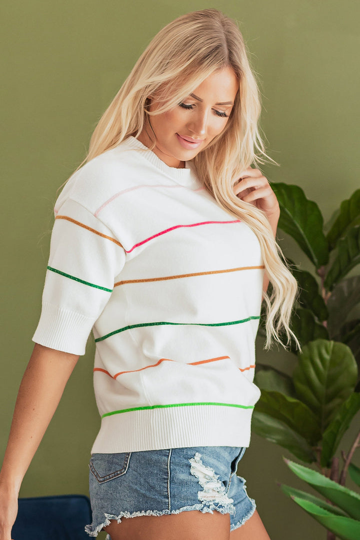 Colorblock Striped Half Sleeve Drop Shoulder Sweater