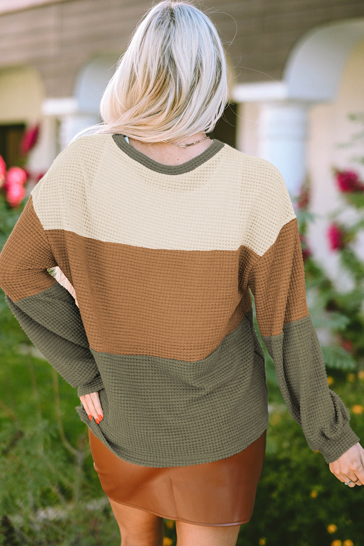 Textured Color Block Bubble Sleeve Baggy Top