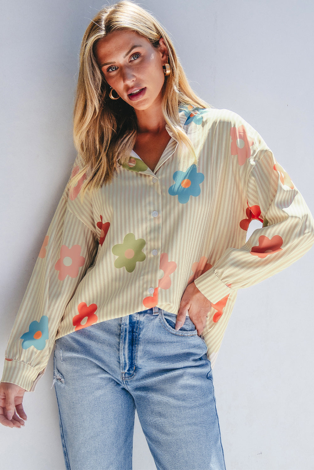 Flower Print Collared Button-up Loose Fit Shirt