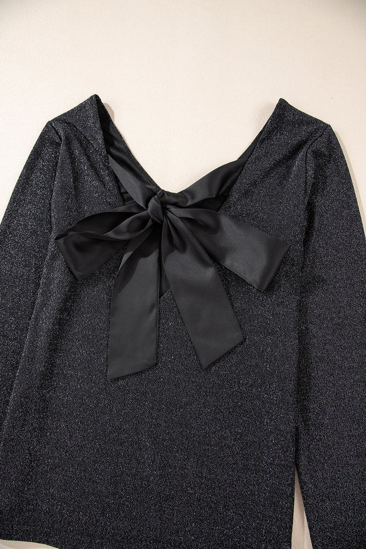 Metallic Bowknot Open Back V Neck Top