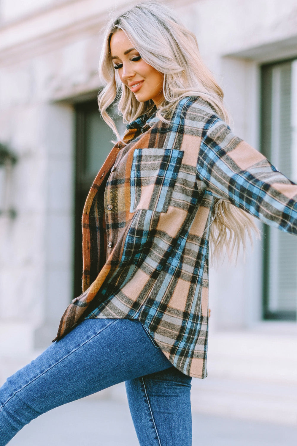 Plaid Color Block Buttoned Shirt with Pockets