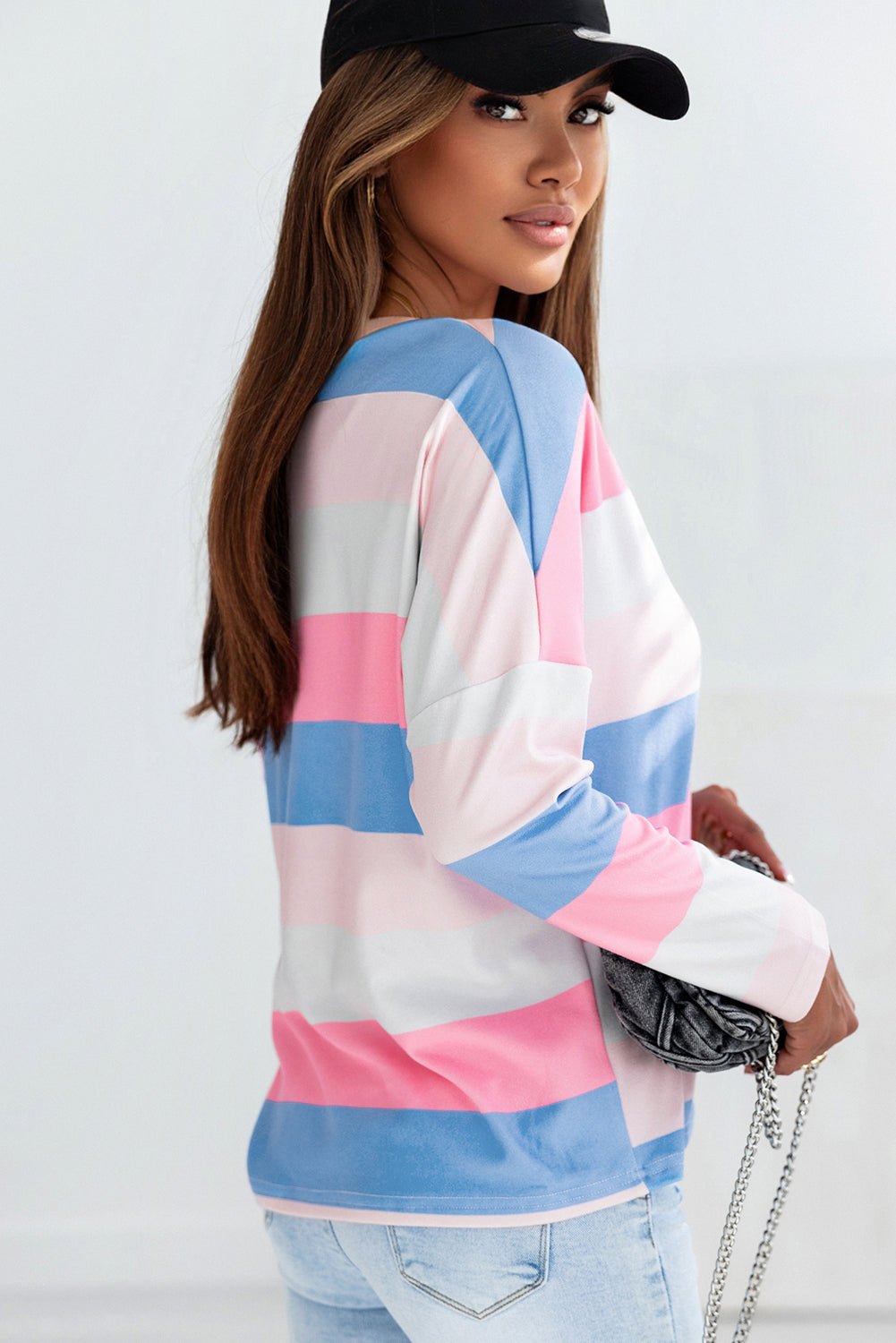 Contrast Striped V Neck Long Sleeve Top