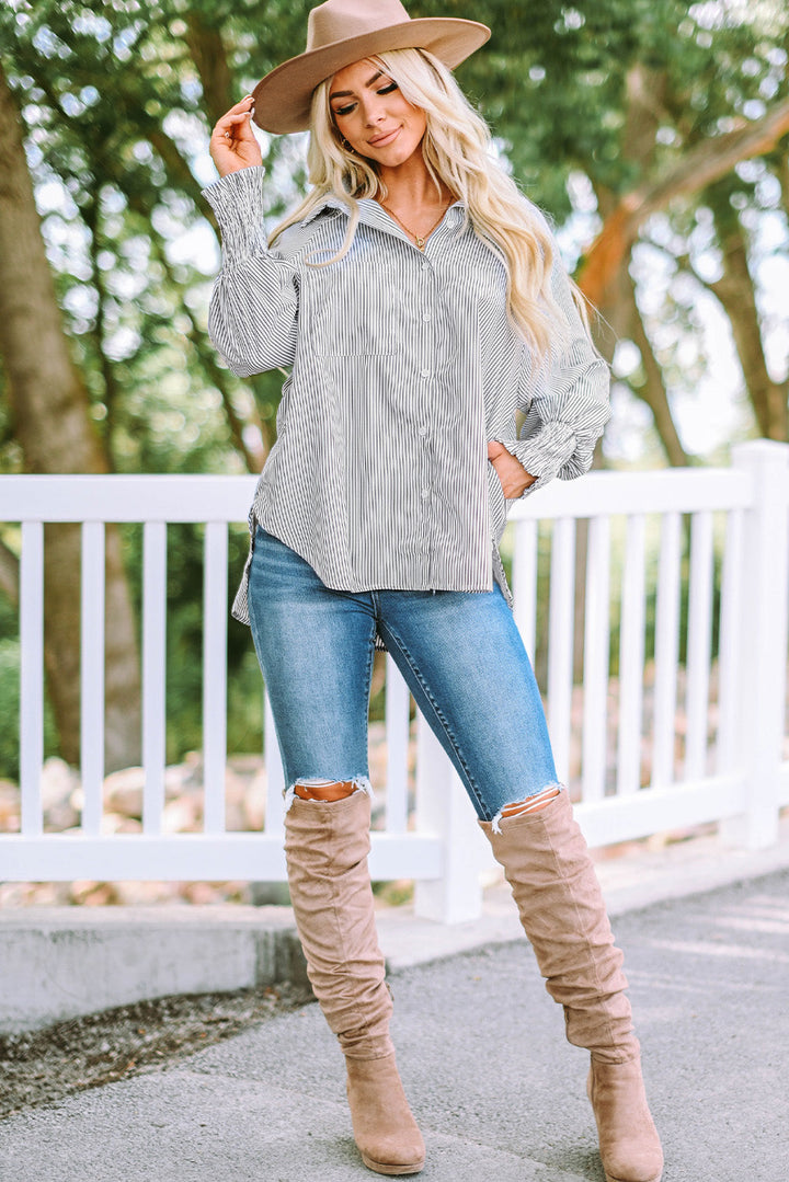 Smocked Cuffed Striped Boyfriend Shirt with Pocket