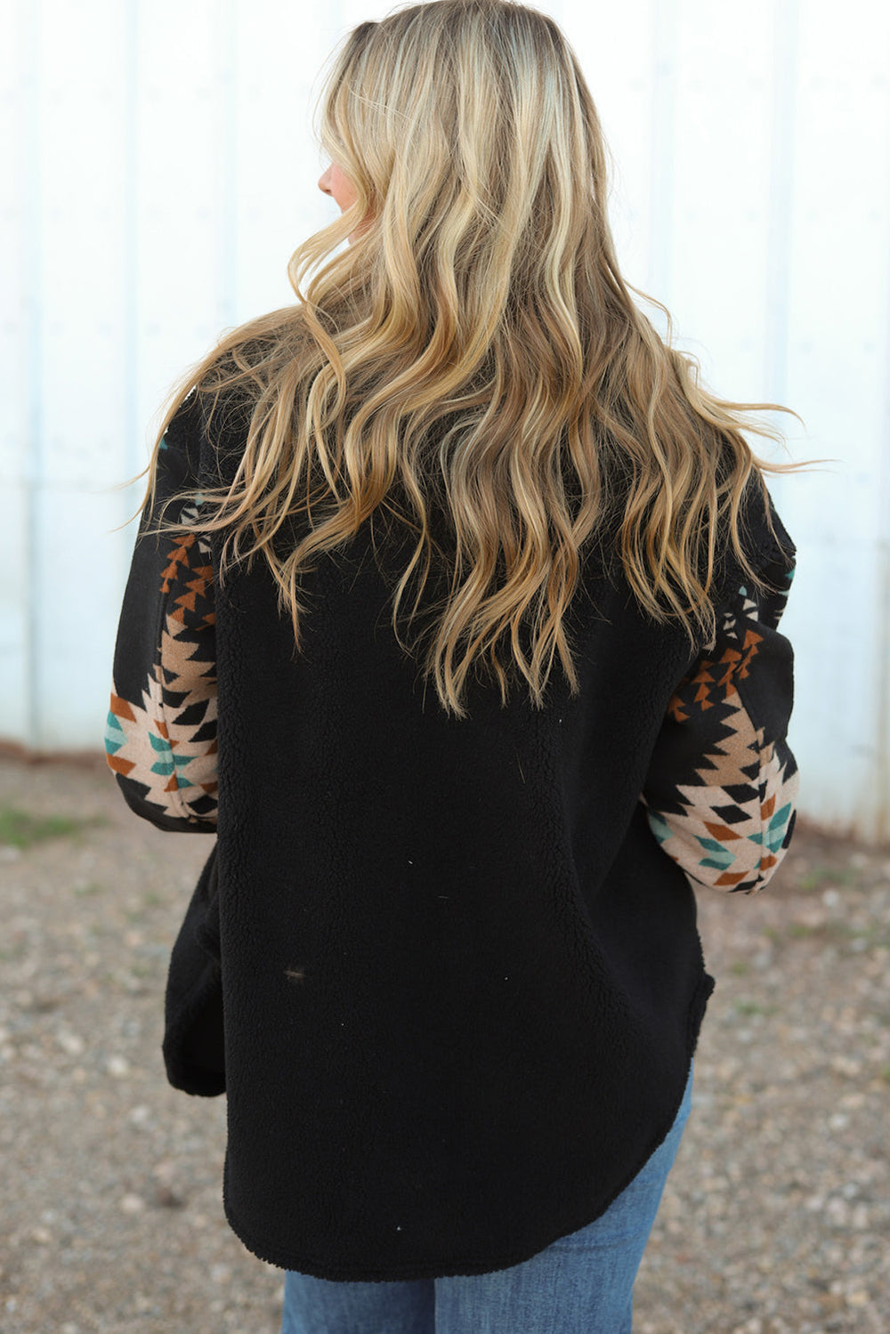 Western Aztec Print Accent Fleece Shacket