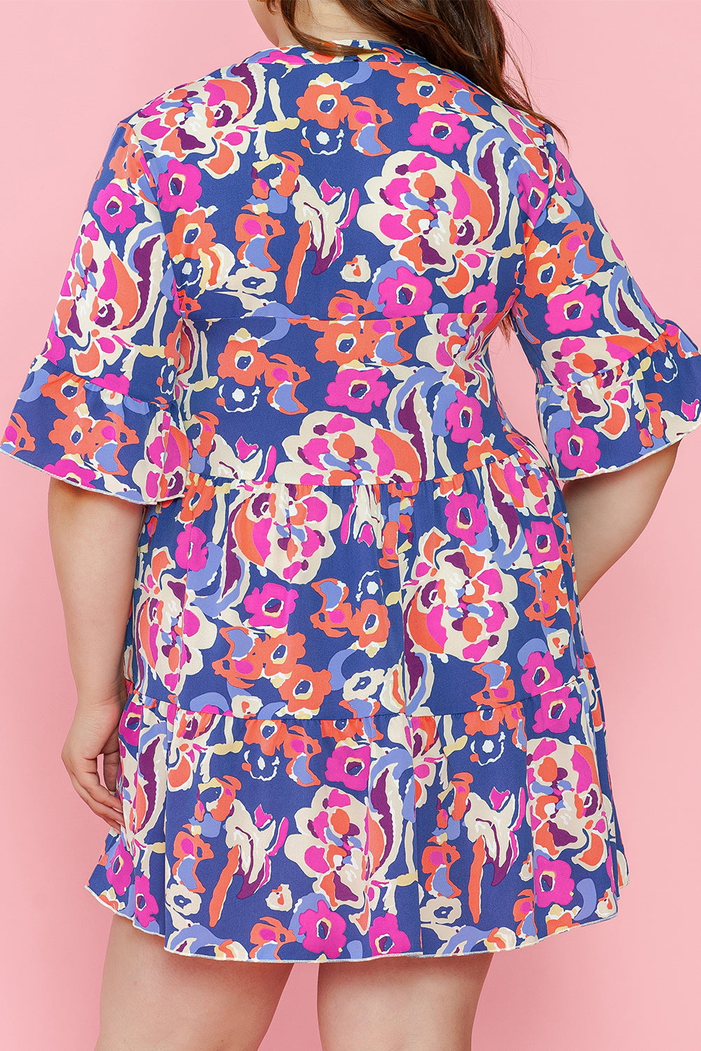 Plus Size Floral Print Ruffled 3/4 Sleeve Mini Dress