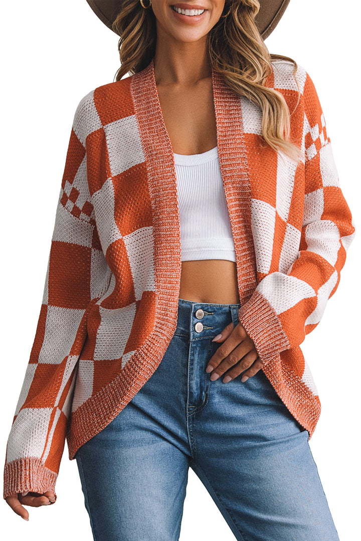 Mix Checkered Open Front Knit Cardigan