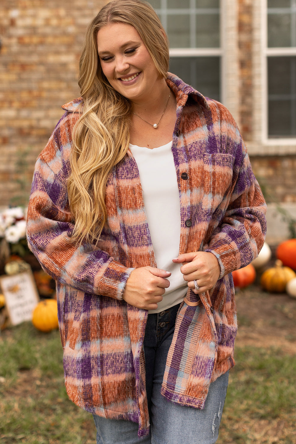 Plus Size Plaid Print Collared Button up Jacket