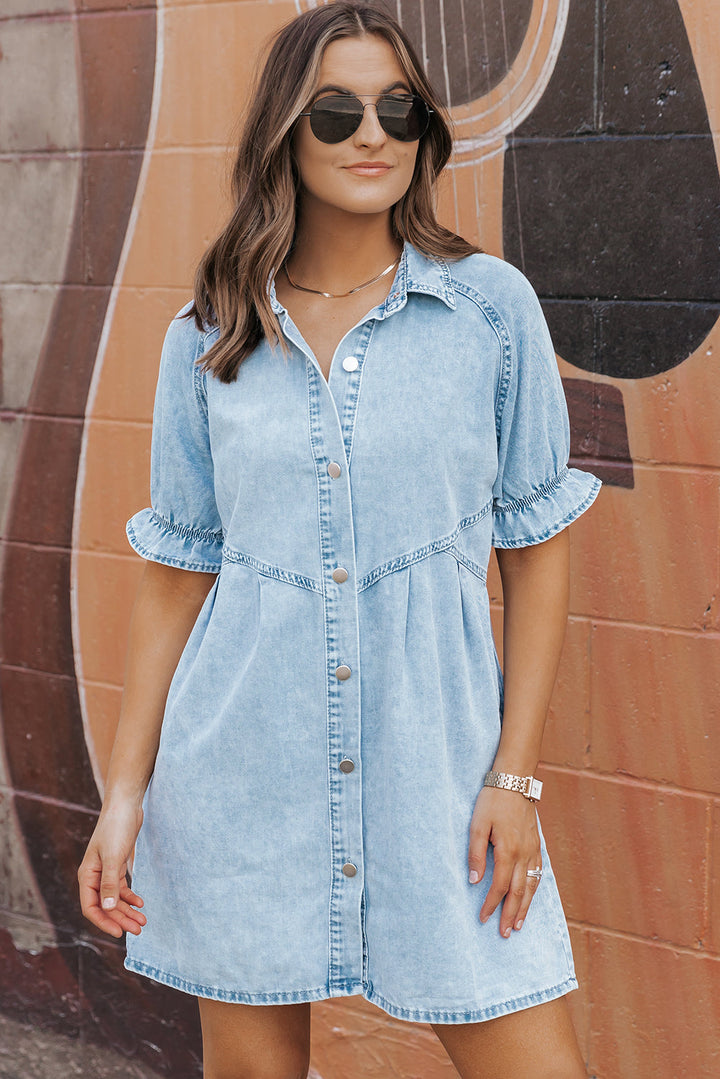 Mineral Wash Ruffled Short Sleeve Buttoned Denim Dress