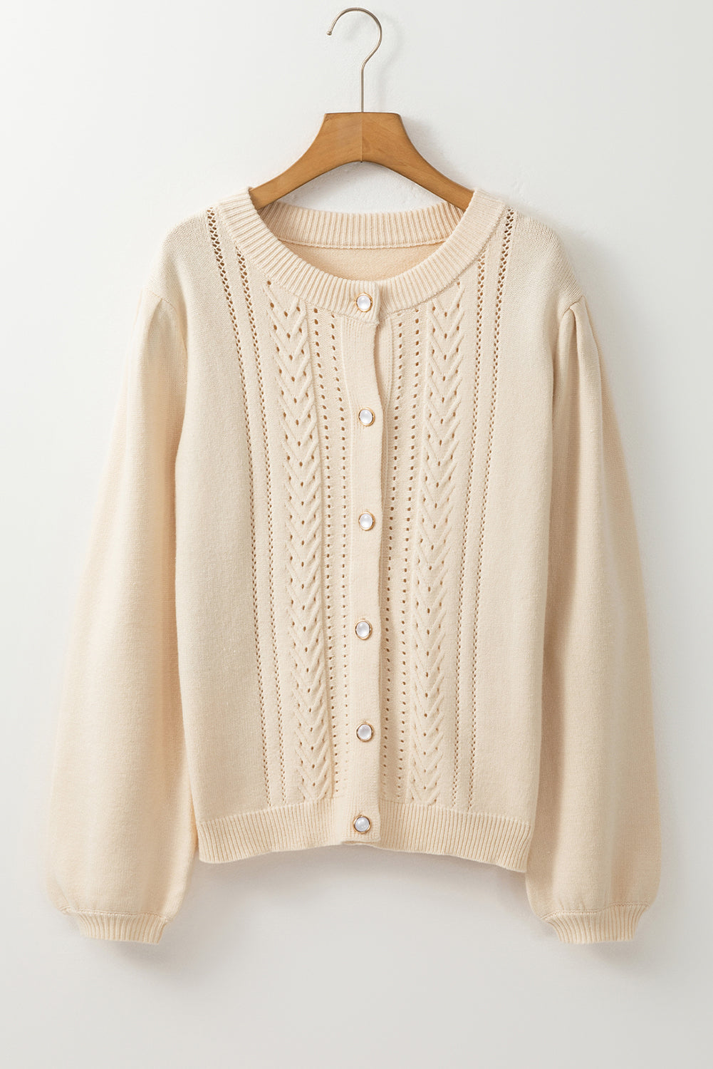 Pleated Sleeve Hollow Detail Button Sweater Cardigan