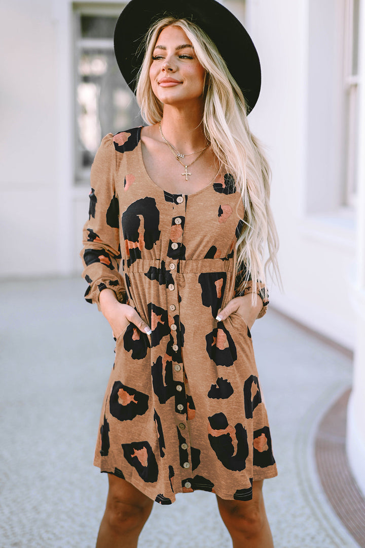 Print Button Front Bubble Sleeve Loose Knit Dress