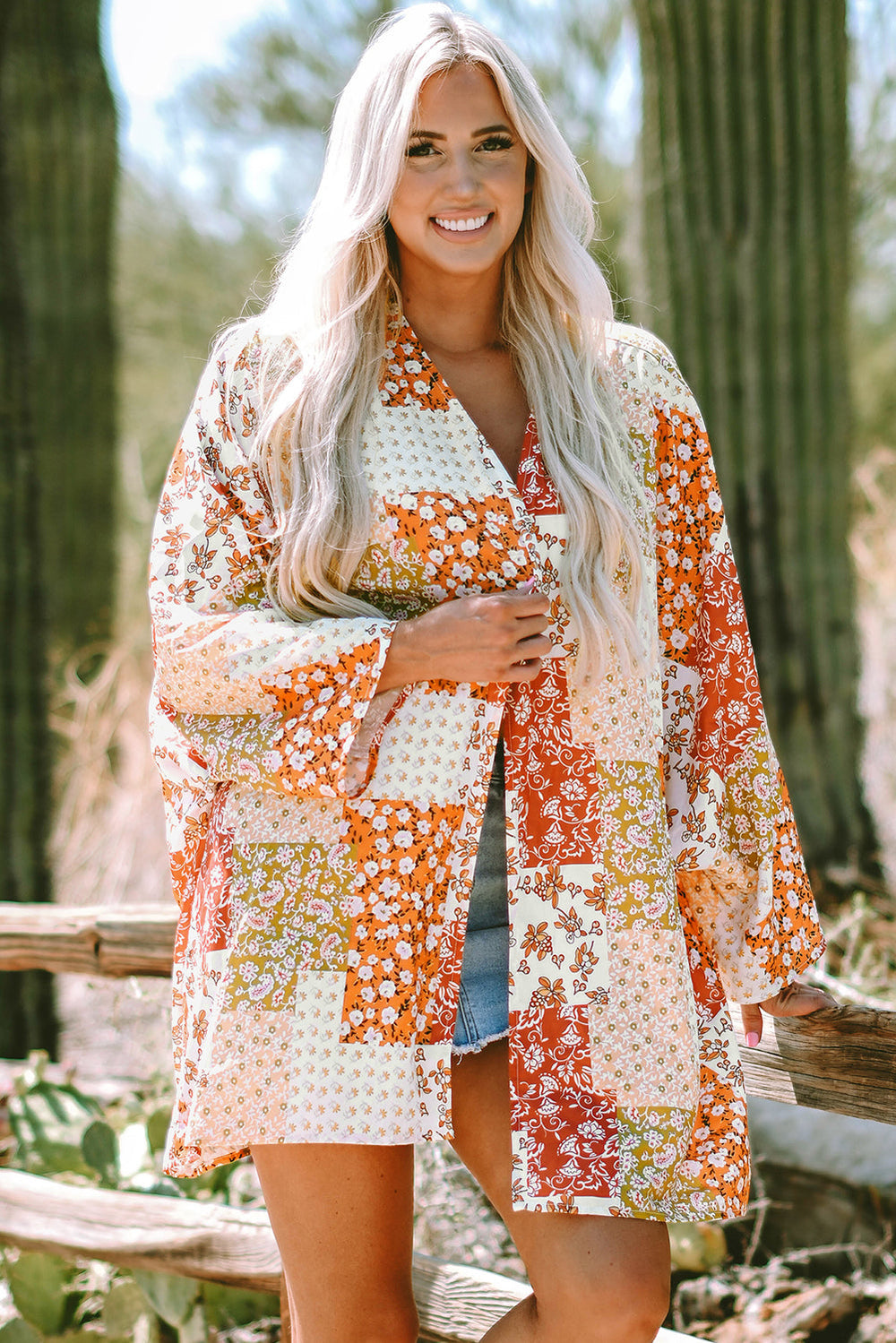 Boho Patchwork Floral Open Front Kimono