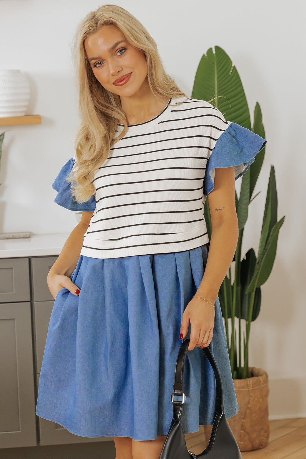 Ruffle Denim Patchwork Round Neck Mini Dress