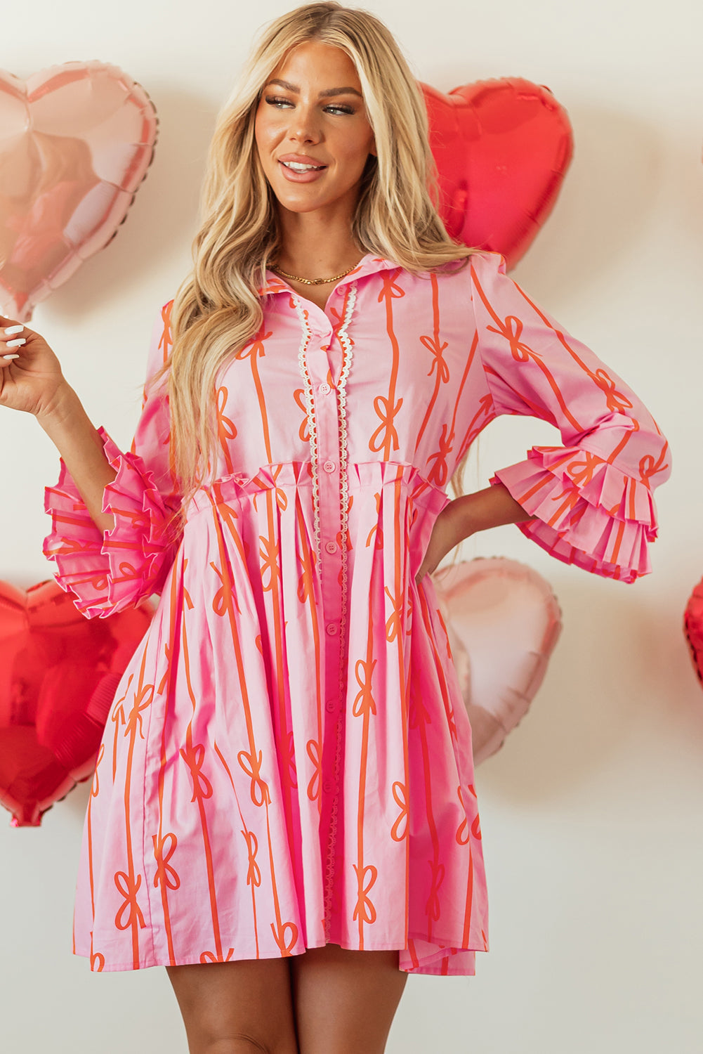 Bowknot Striped Printed Tiered Ruffled Mini Shirt Dress