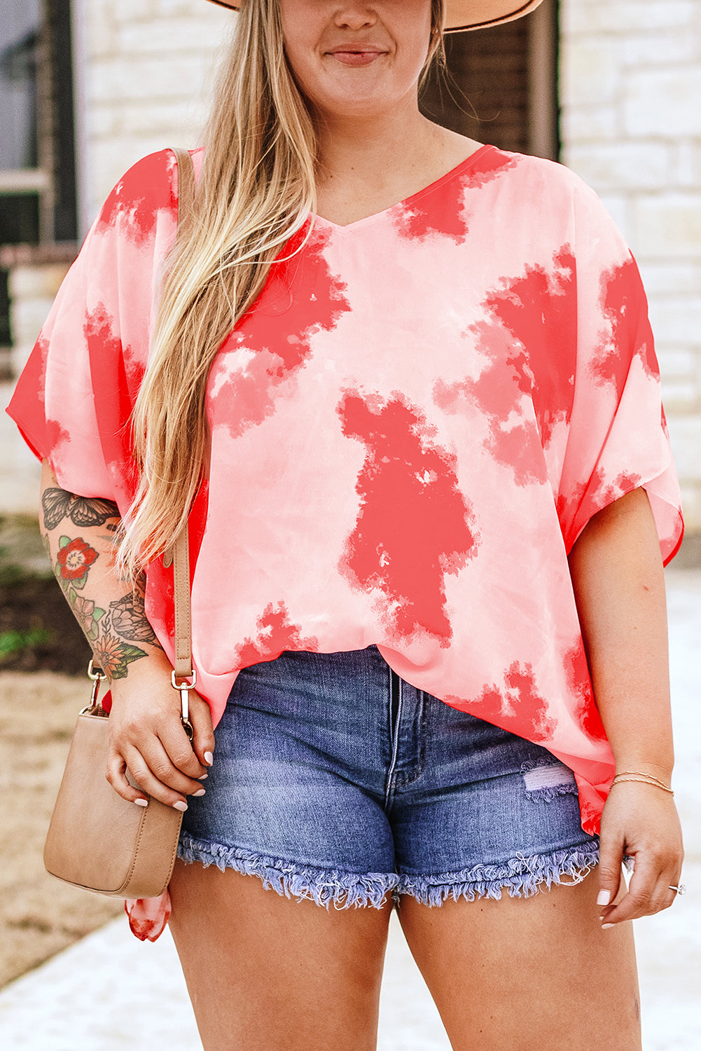 Plus Size Tie-dye Print 3/4 Sleeve Tunic Top