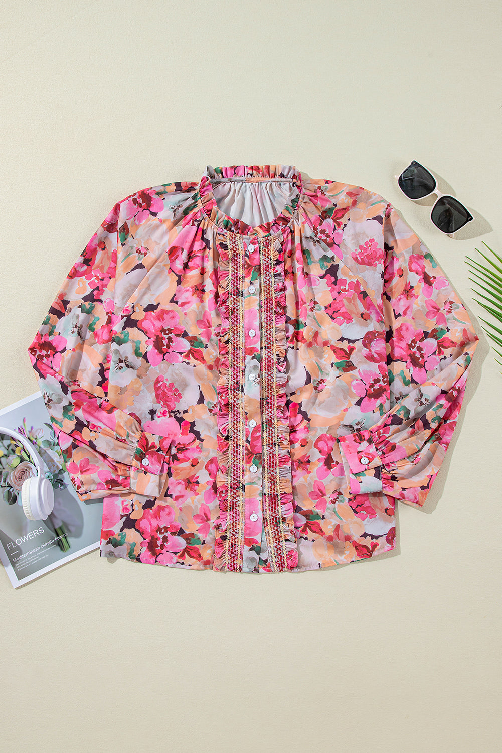 Floral Print Ruffled Stitch Buttoned Loose Fit Shirt