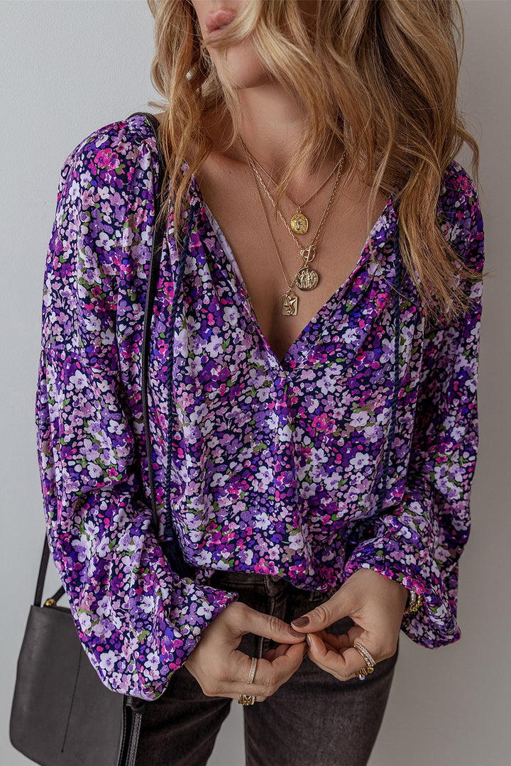 Boho Flower Split V Neck Bubble Sleeve Blouse