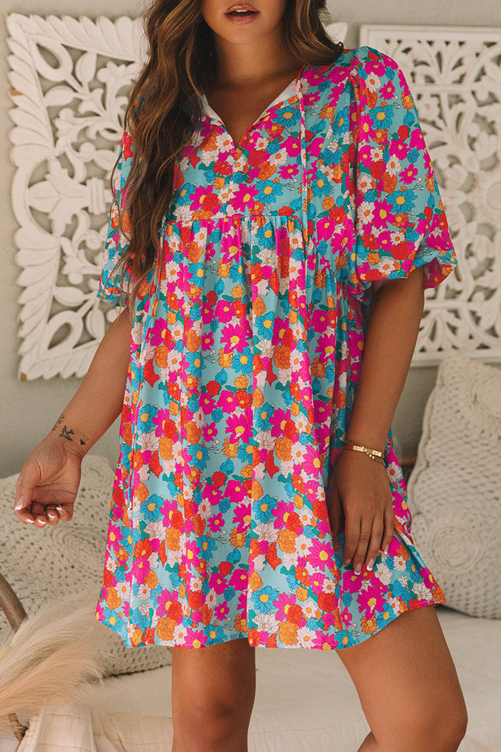 Floral Print Tie Split Neck Bubble Sleeve Babydoll Dress