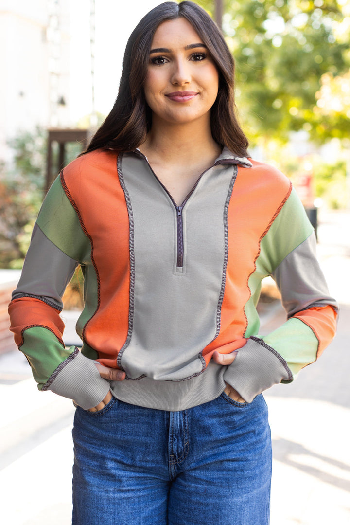 Color Block Stitching Detail Half Zipper Sweatshirt