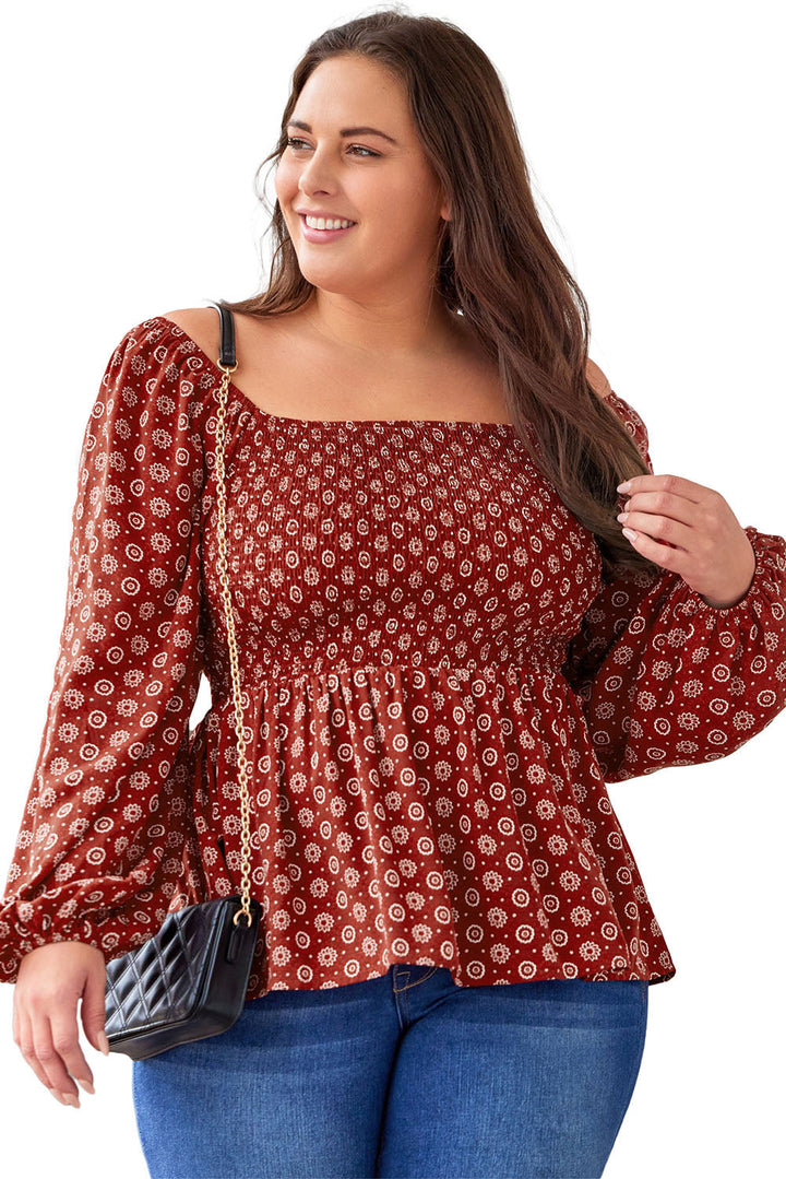 Plus Size Square Neck Printed Peplum Top