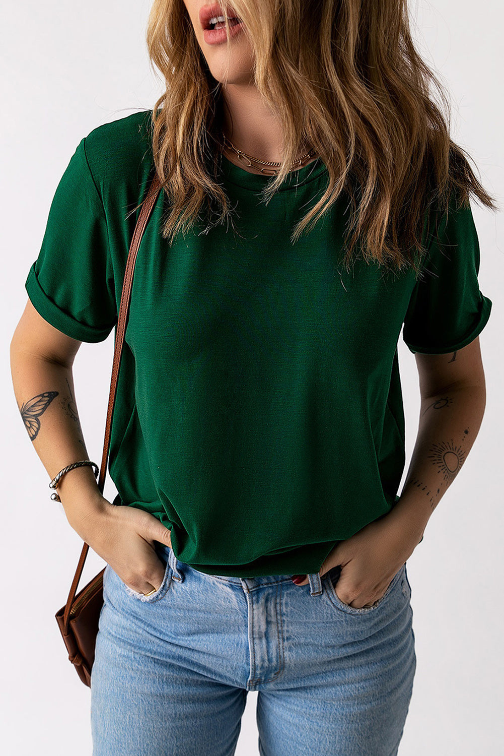 Green Solid Color Crew Neck Tee