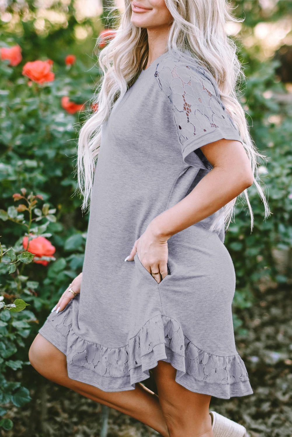 Lace Floral Patchwork Ruffled T-shirt Dress