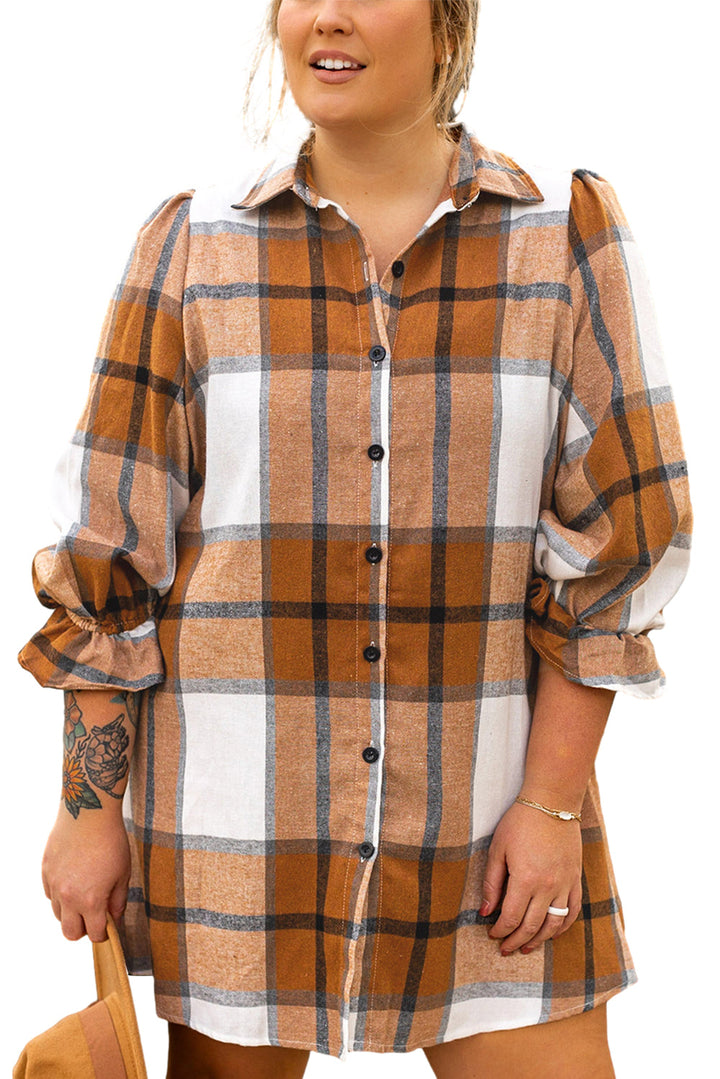 Plus Size Plaid Flounce Sleeve Button up Shirt Dress