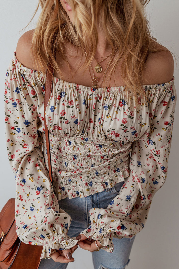 Boho Floral Print Smocked Waist V Neck Blouse