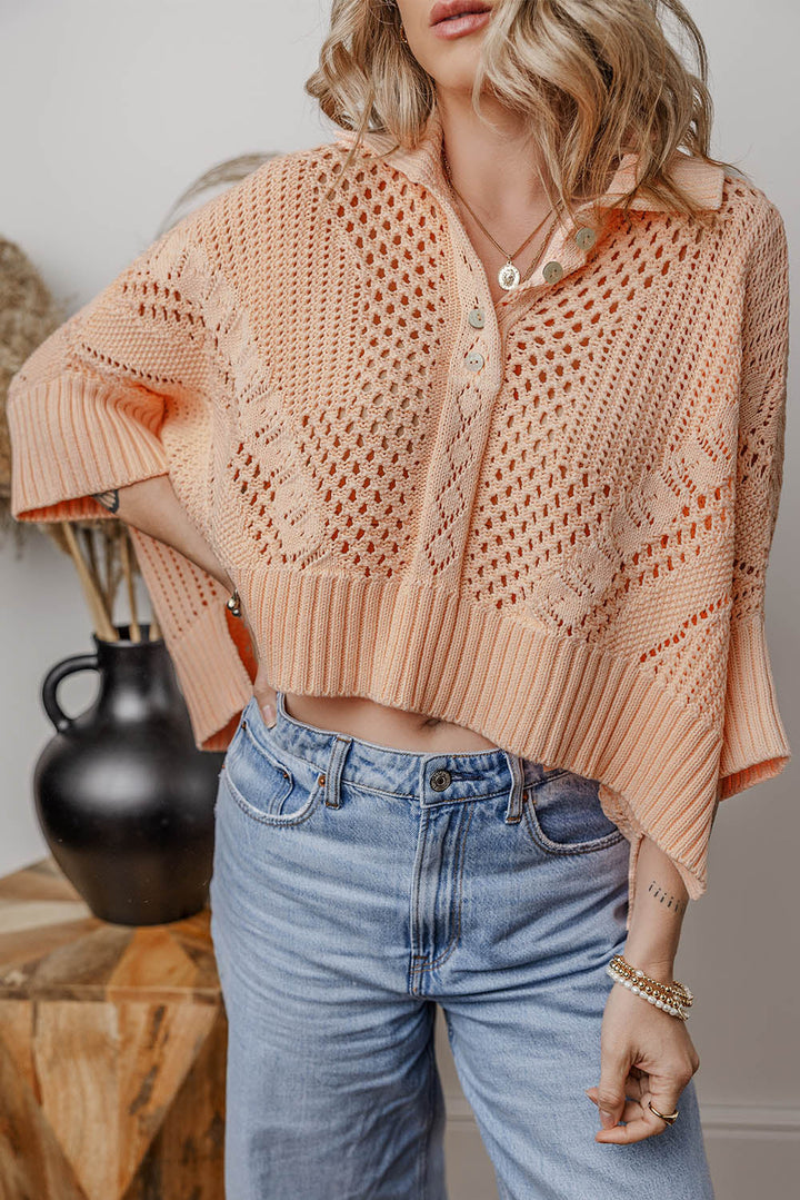 Hollowed Knit 3/4 Dolman Sleeve Buttoned Collared Sweater