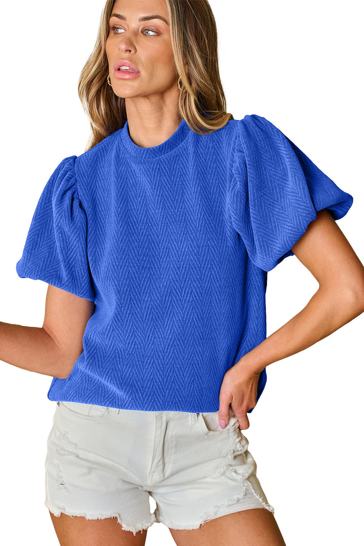 Solid Textured Puff Sleeve Mock Neck Blouse