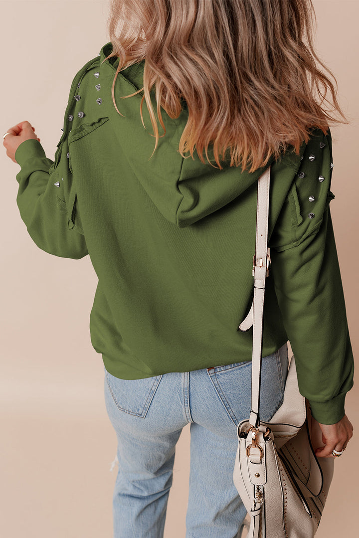 Solid Color Rivet Stud Raglan Sleeve Hoodie with Pocket