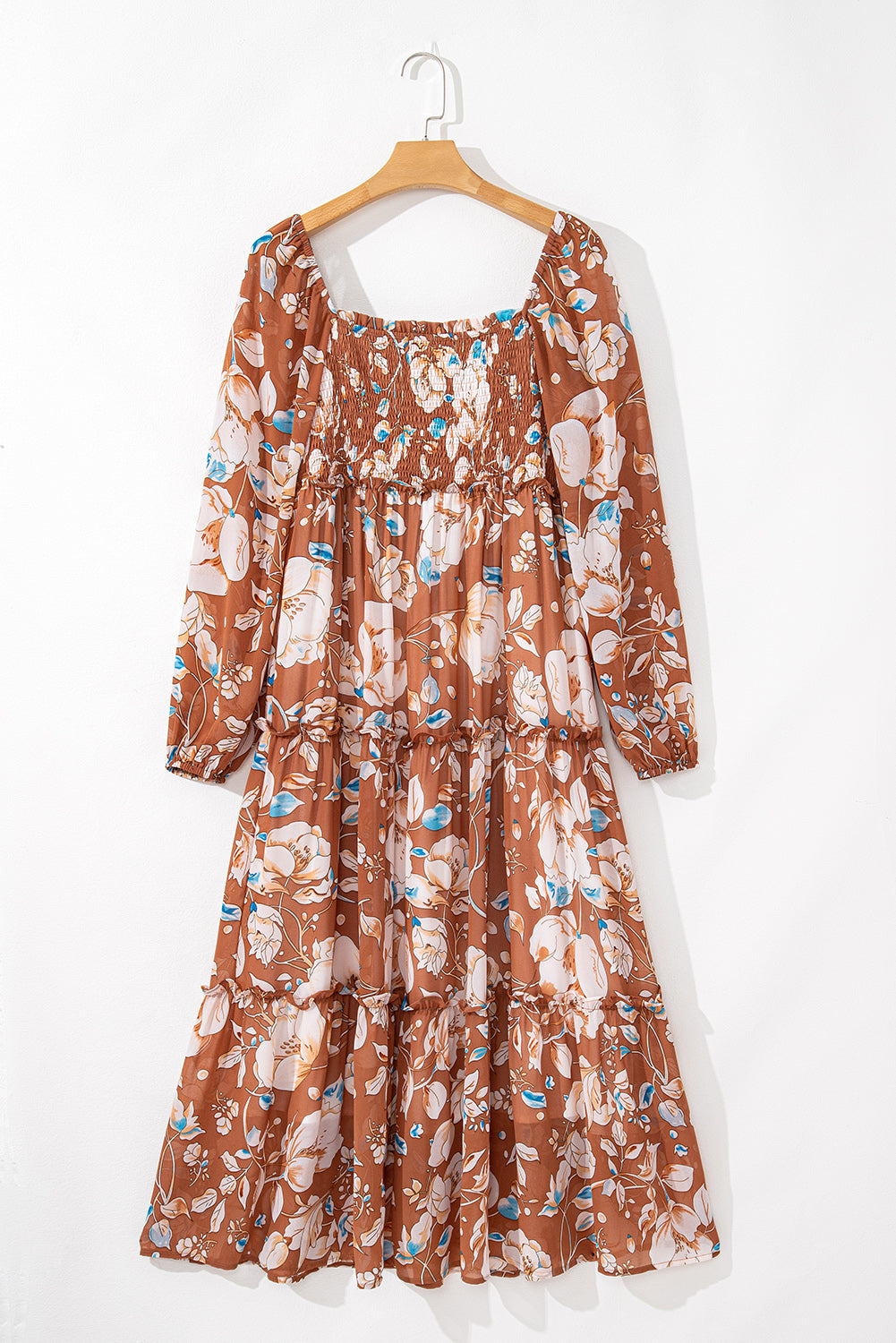 Floral Print Shirred Square Neck High Waist Maxi Dress