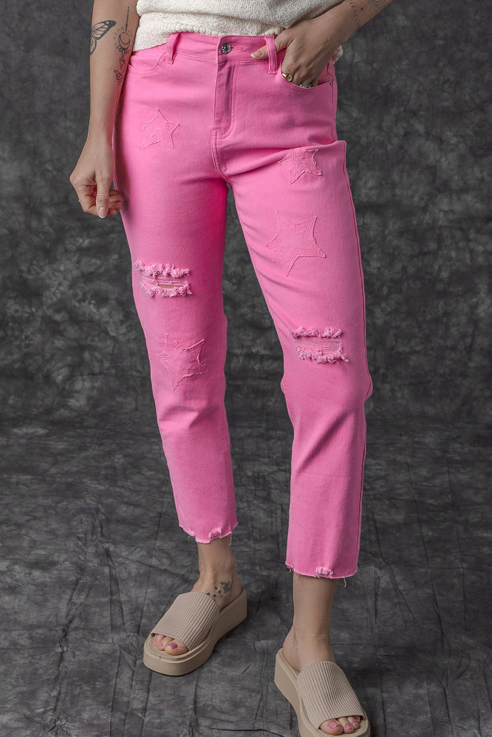 Pink Star Shape Patchwork Mid Waist Straight Leg Jeans