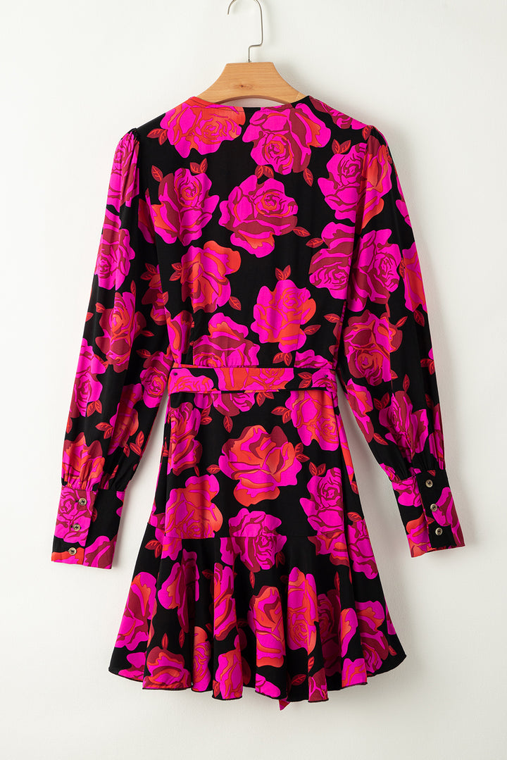 Rose Floral Print V Neck Wrap Bishop Sleeve Ruffle Tiered Mini Dress