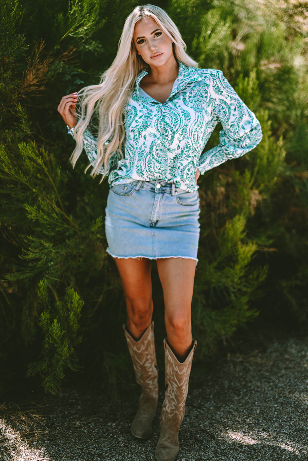 Paisley Print Smocked Cuff Buttoned Loose Shirt