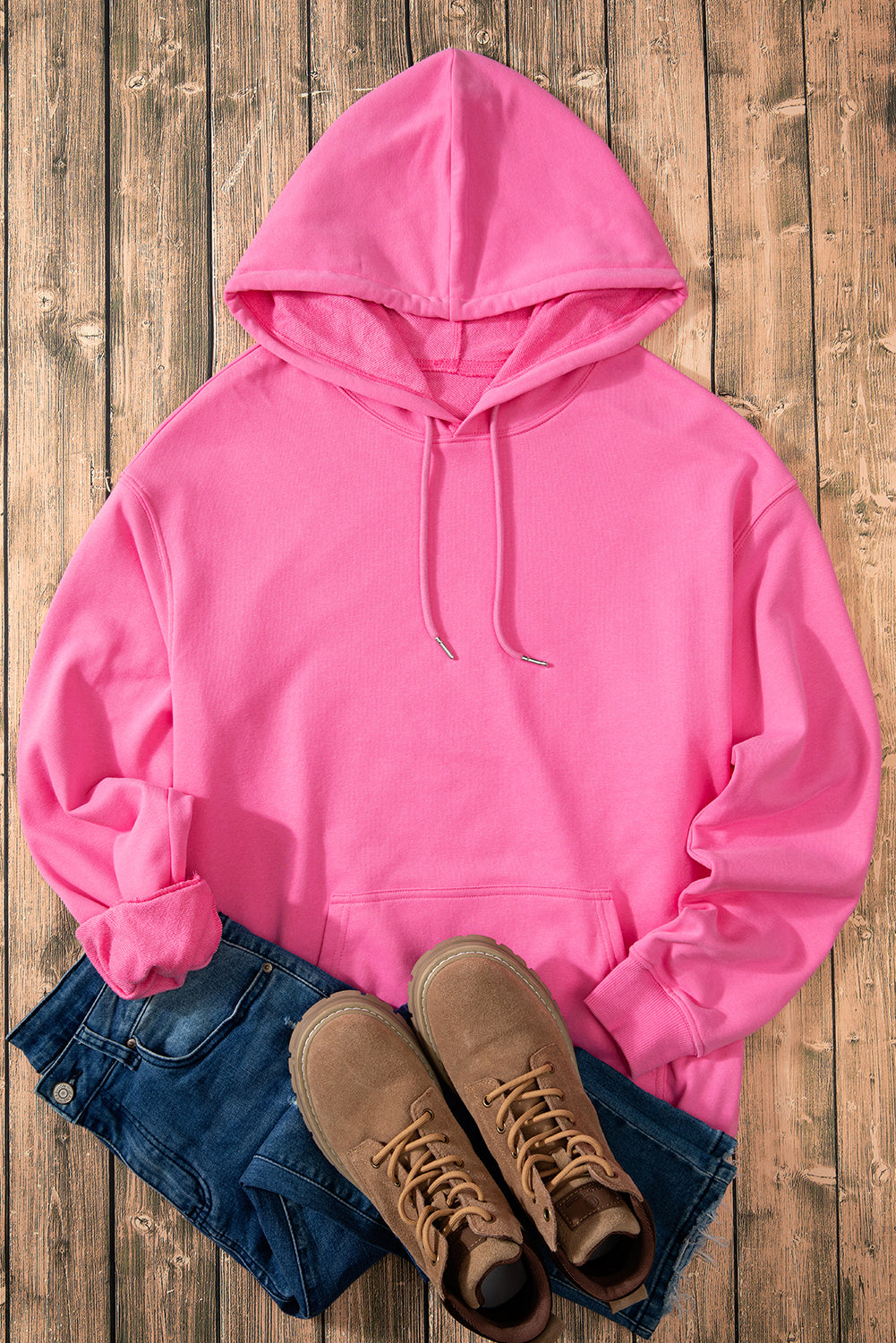 Solid Kangaroo Pocket Drawstring Loose Fit Hoodie