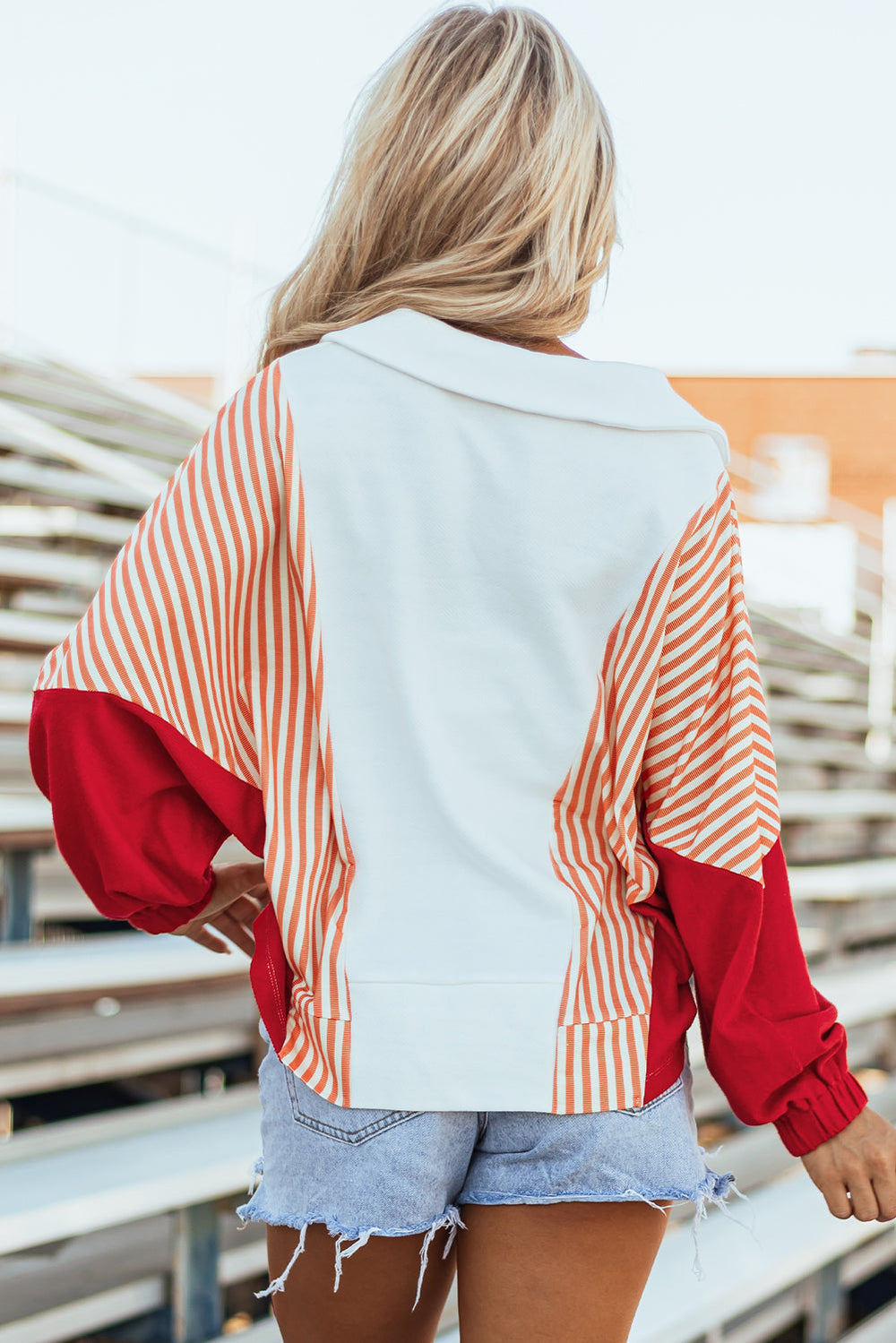 Striped Color Block Collared V Neck Oversized Sweatshirt