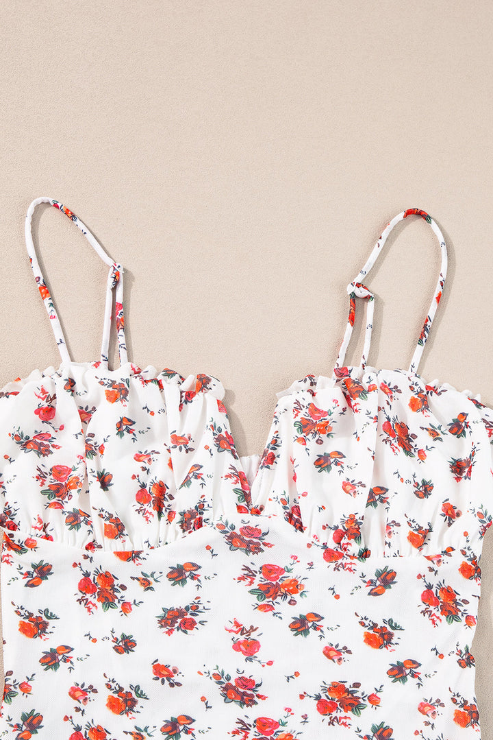 Floral V Cut Frilled Trim Spaghetti Straps Bodysuit