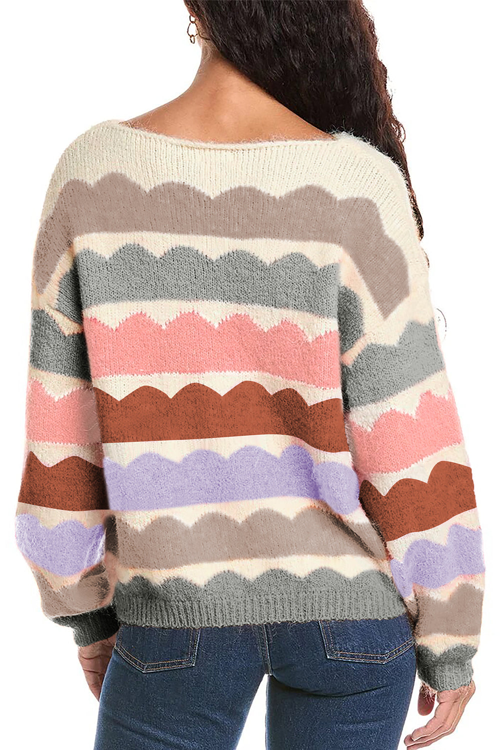 Wave Striped Balloon Sleeve Drop Shoulder Sweater