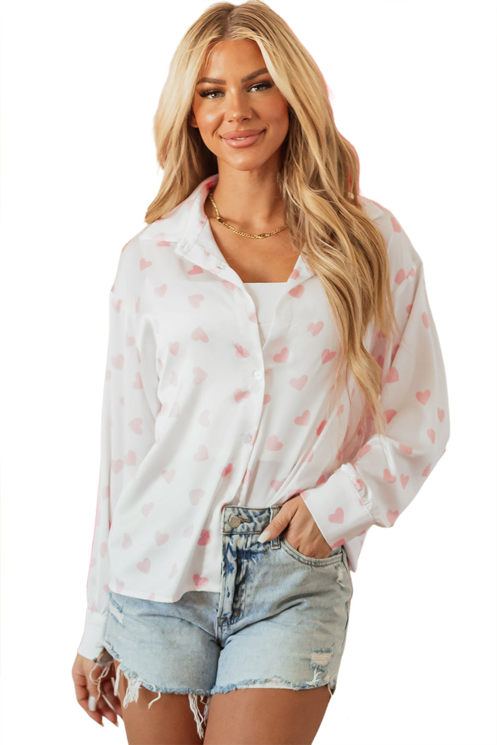 Love Heart Print Drop Shoulder Puff Sleeve Shirt