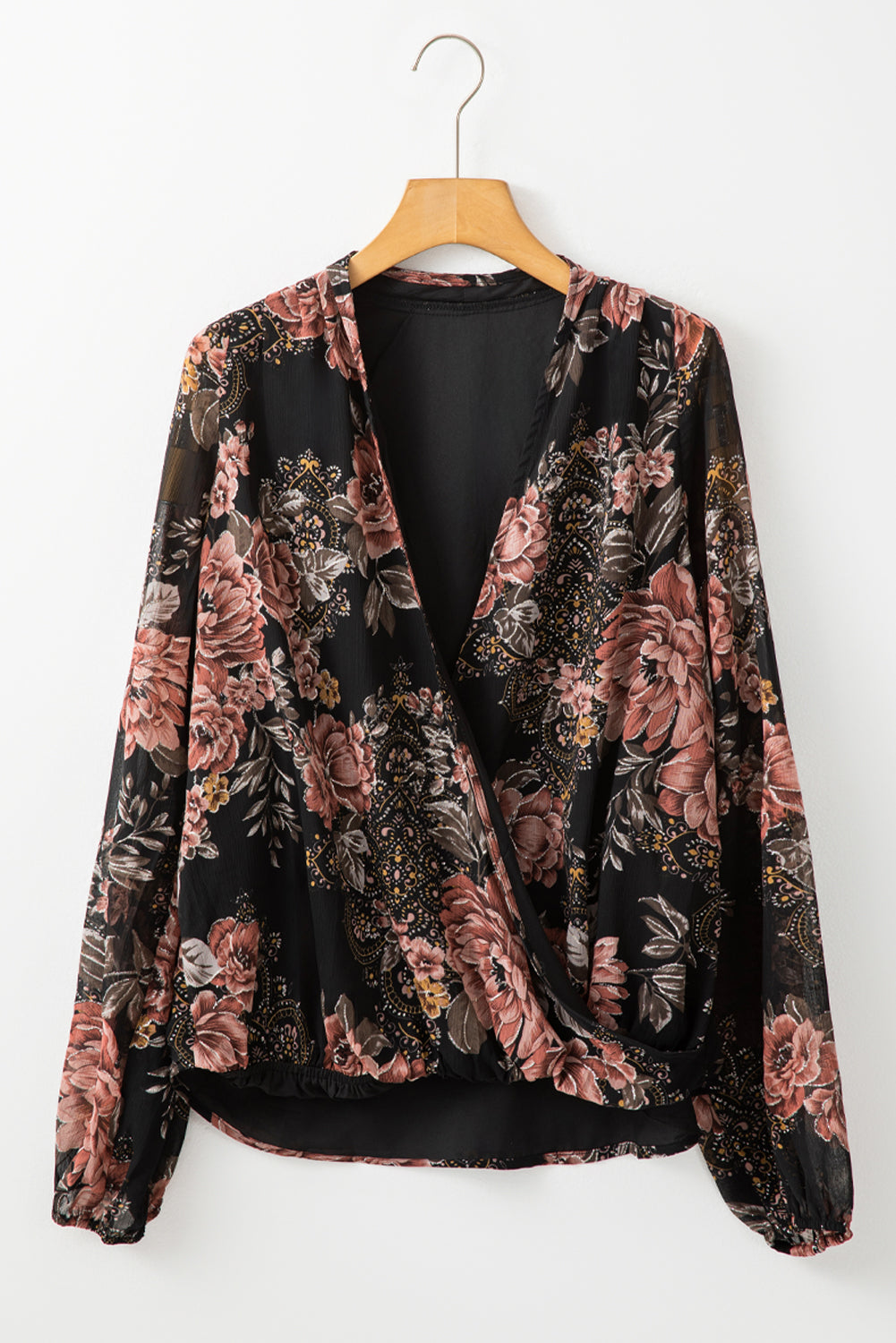 Floral Print Criss Cross V Neck Balloon Sleeve Blouse