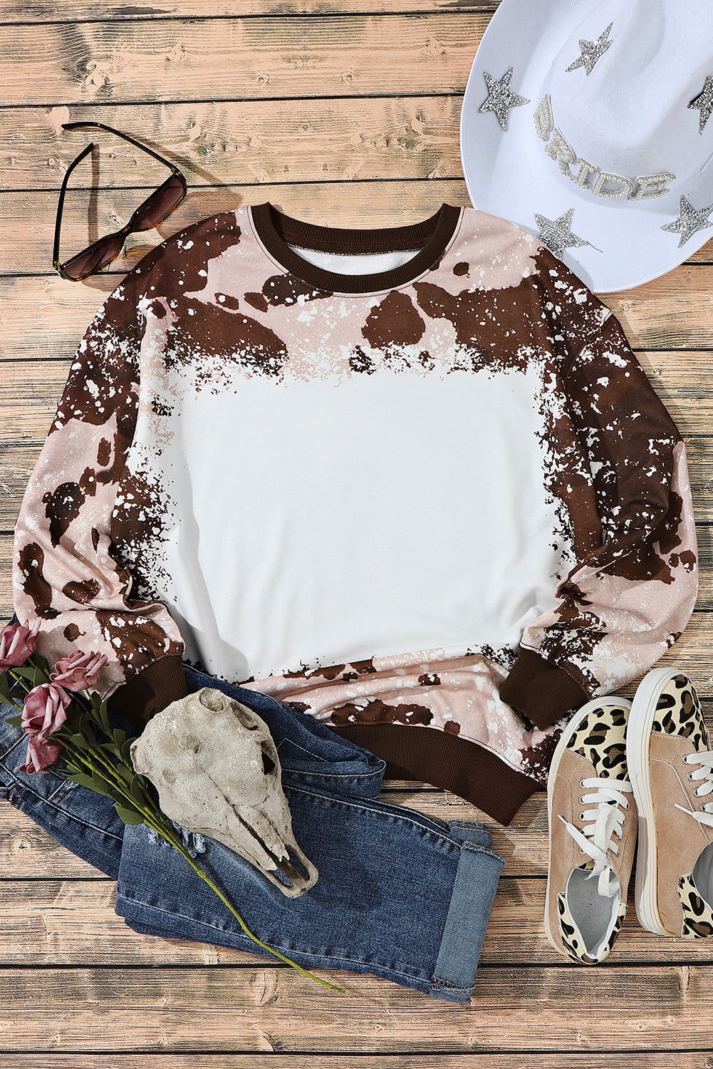 Bleached Tie Dye Leopard Print Long Sleeve Top