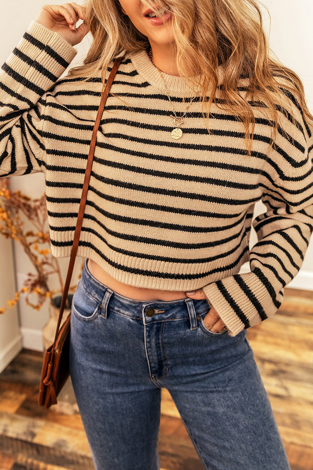 Striped Knit Drop Shoulder Crewneck Cropped Sweater